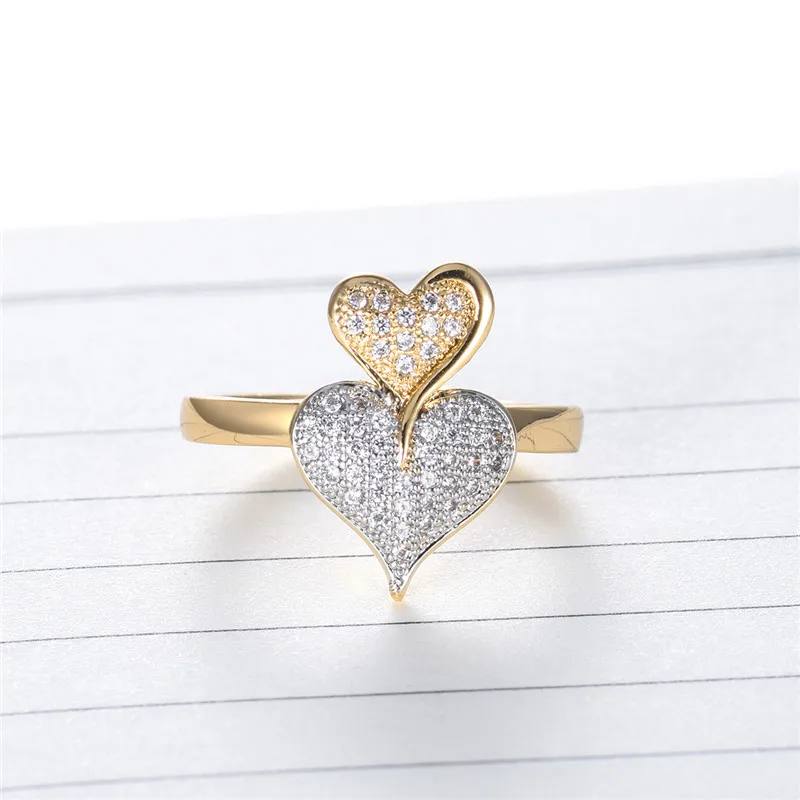 Женское кольцо для помолвки BUDONG Золотое с двойным сердечком и кубическим