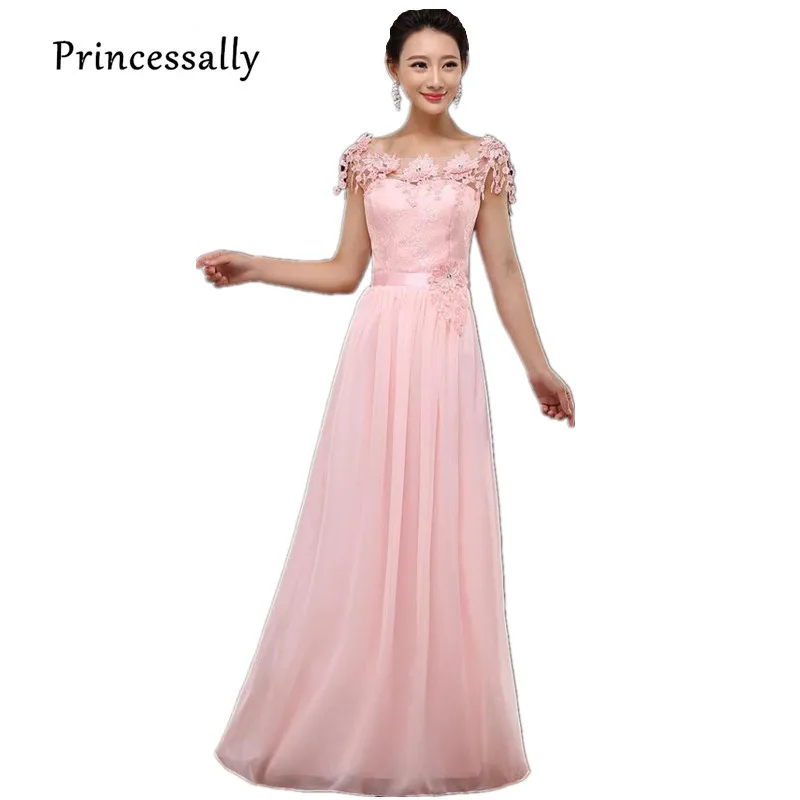 Длинные розовые платья подружки невесты шифоновый кружевной цветок короткое