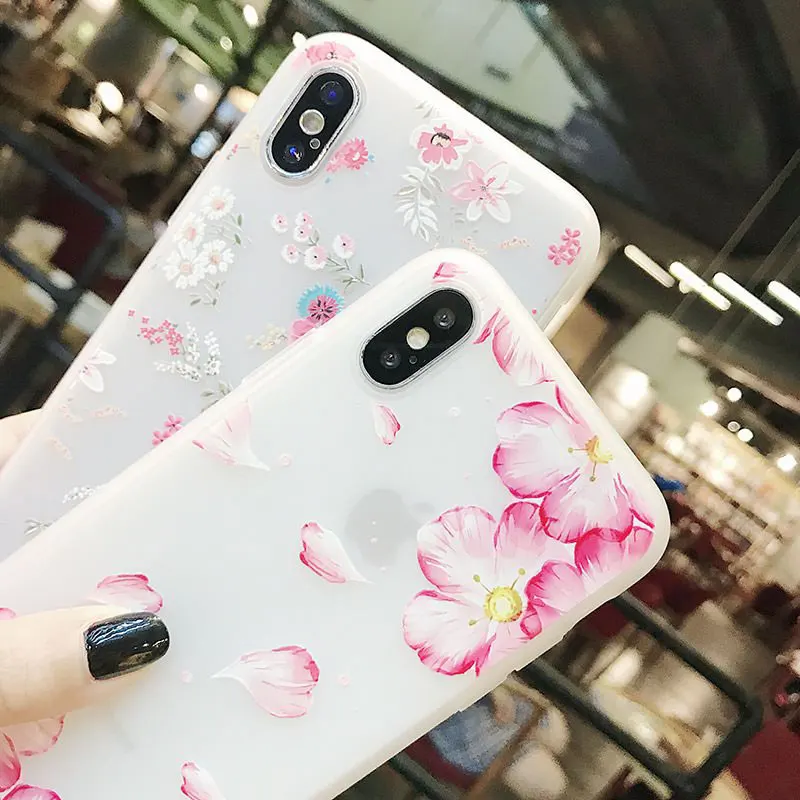 Phone Case For iPhone 7 8 Plus Soft TPU 3D Relief Floral Protective Cover X 6S 6 Girly Full Coverage |
