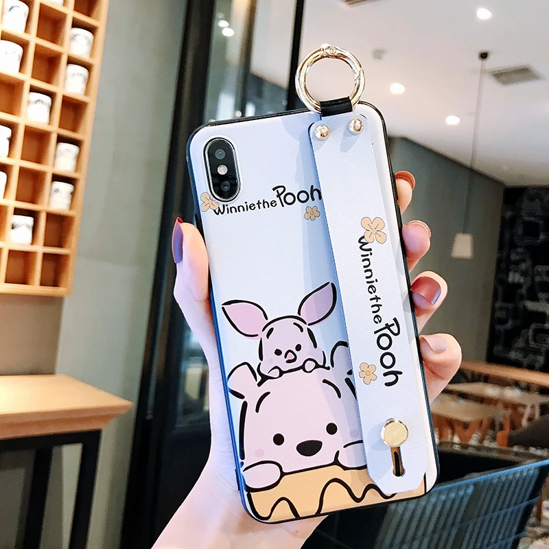 Чехол для телефона с милым медведем поросенком из мультфильма для iPhone 8 7 6 6s Plus X XR Xs Max, Матовая силиконовая задняя крышка с браслетом