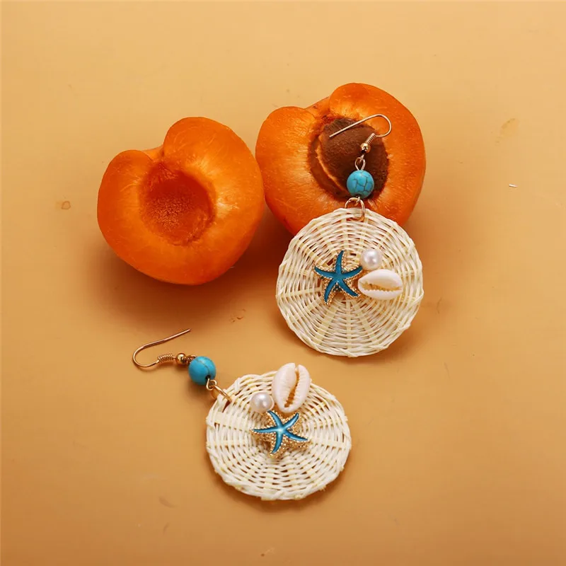 Boho Ocean Beach Starfish Cowrie Shell Rattan Earrings Vintage Handmade Braided Geometric Bamboo Wicker Straw Wooden | Украшения и