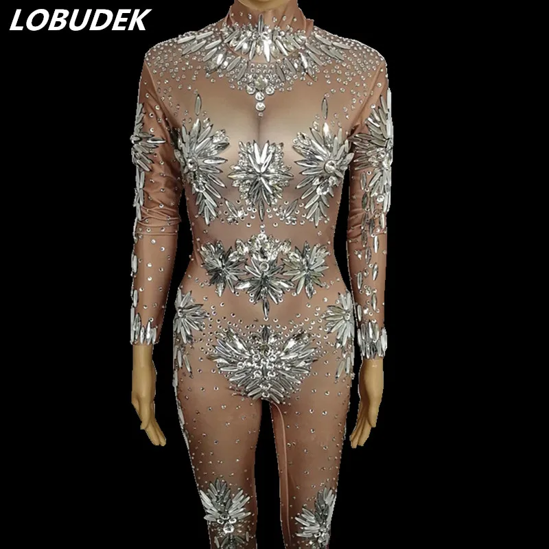 Сексуальная кожа цвет большие стеклянные кристаллы комбинезон купальник Стразы