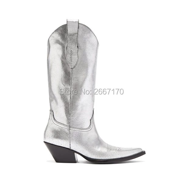 Обувь в западном стиле; bottes femme; Изящные слипоны на Кубинском каблуке; Потрясающие женские ковбойские ботинки из кожи с острым носком; цвет черный, белый, серебристый