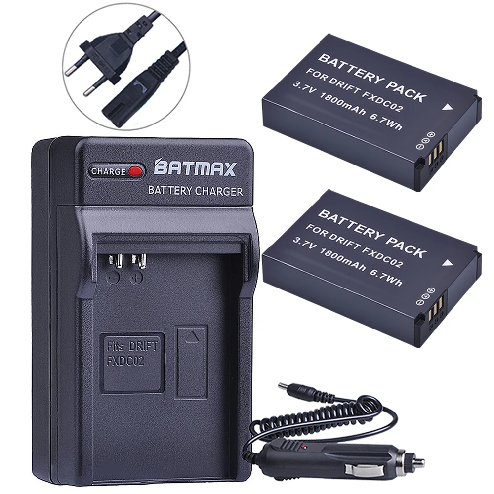 

Batmax 2pc 1800mAh FXDC02 Camera Battery+Digital Wall Charger for Drift 72-011-00 FXDC02 CFXDC02 HD Ghost Ghost-S HD720