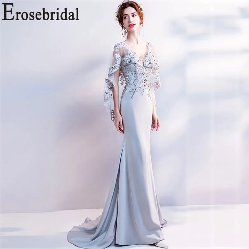 Erosebridal New Arrival 2019 Satin Evening Dress Mermaid Gown Backless Formal Party Women Gray robe de soiree | Свадьбы и торжества
