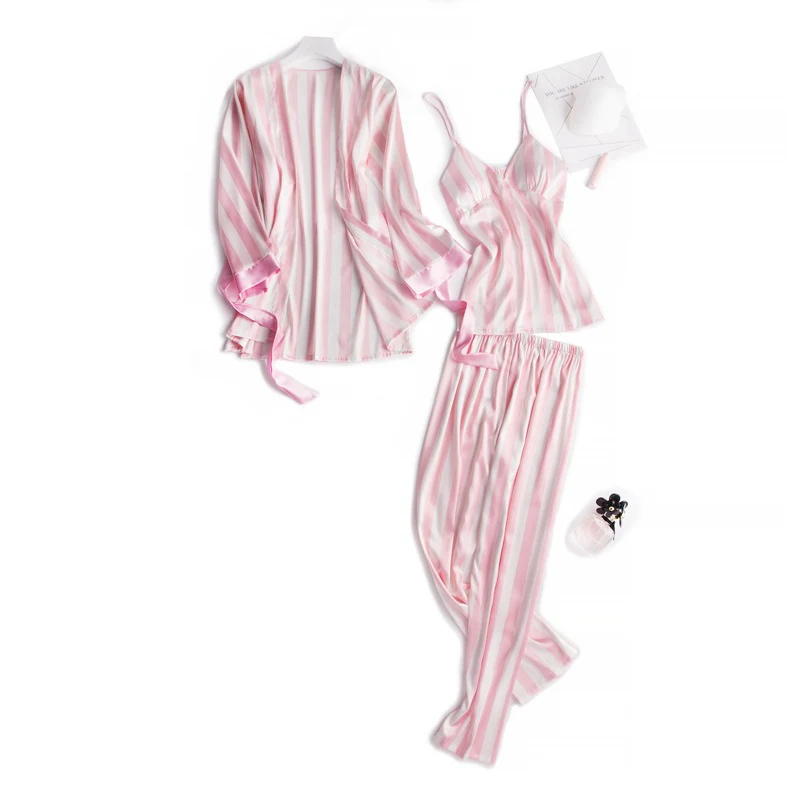 3 piece Striped Pajama Sets sleepwear Ladies top Sexy Big Size bath robe Homewear women set Autumn Winter | Женская одежда