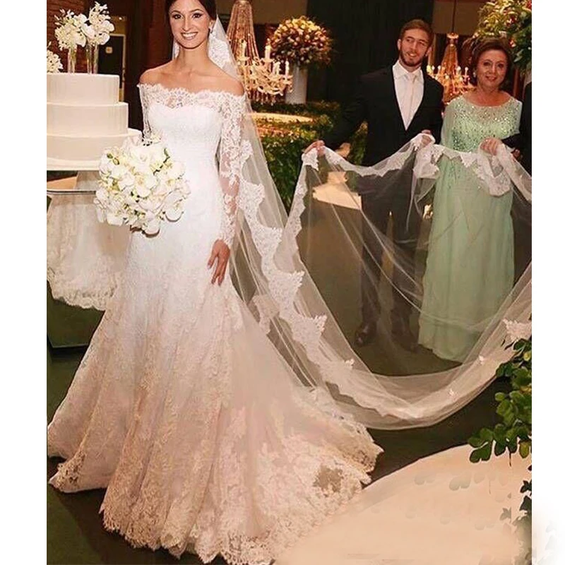 

Винтажное кружевное свадебное платье с вырезом лодочкой и юбкой-годе, с длинным рукавом и открытыми плечами, аппликация 2021, свадебное плать...