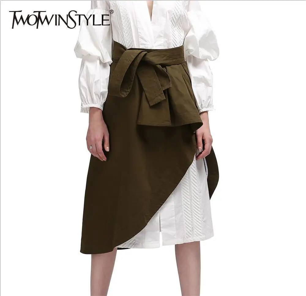 Twotwinstyle Обёрточная бумага Для женщин Юбки для женщин MIDI рябить Кружево до Высокая Талия линия длинная юбка Асимметричный Женский Одежда корейский В армейском стиле; зеленый цвет - Цвет: army green