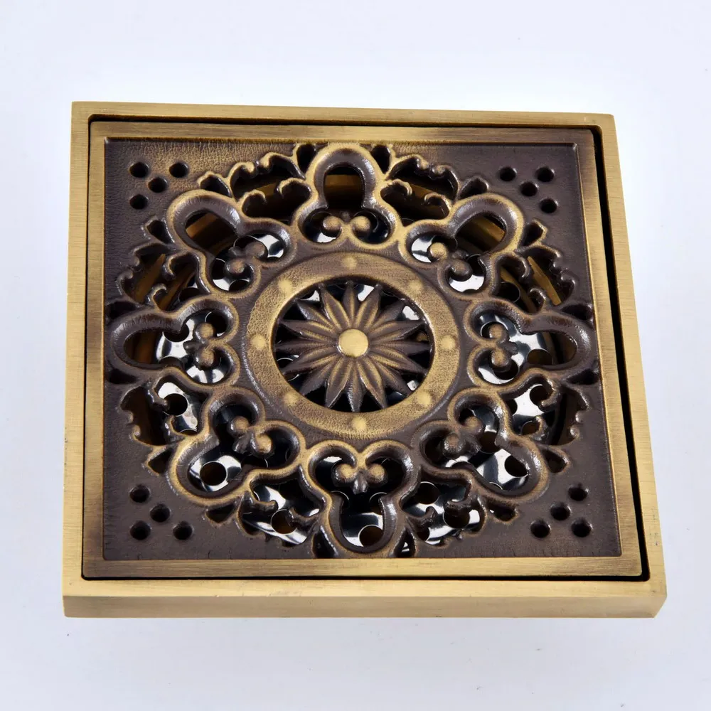 

Antique Brass Vintage Carved Flower Pattern Bathroom Shower Drain 4" Square Floor Drain Waste Grates Bathroom Accessory mhr082