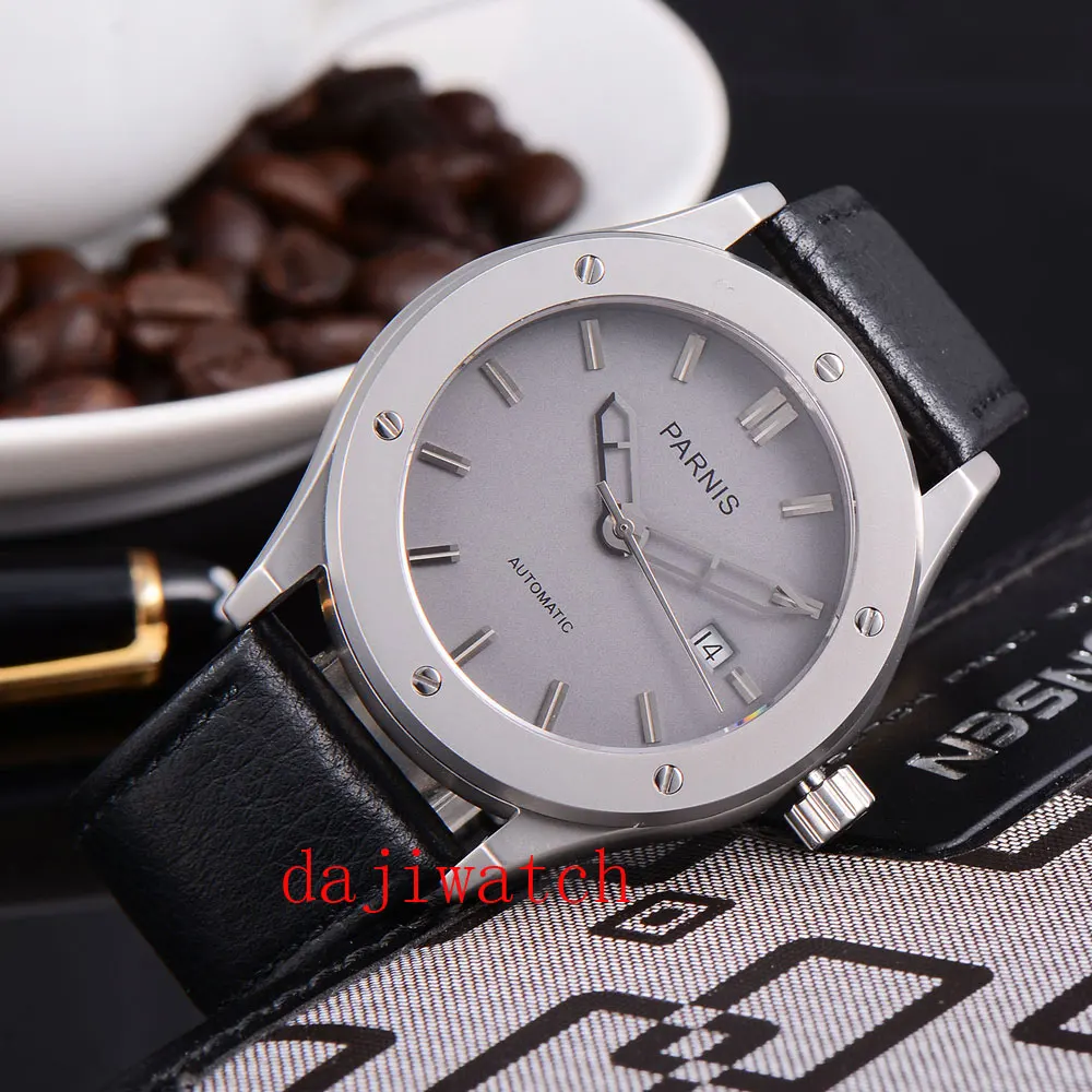 Parnis42mm автоматические механические мужские часы сапфировое стекло черный ободок