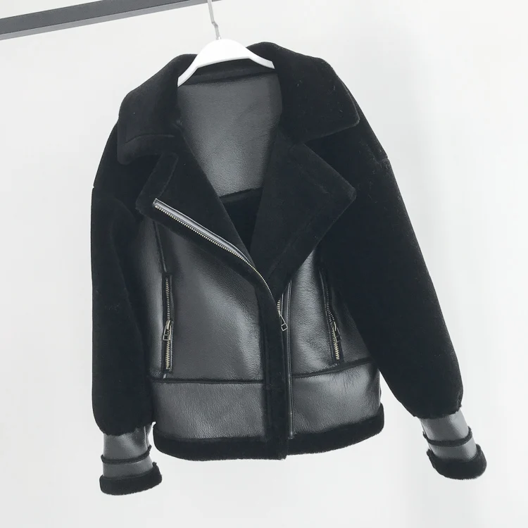 OFTBUY пальто с натуральным мехом, зимняя куртка для женщин, Байкерская верхняя одежда, настоящая стрижка овечьей шерсти, меховая подкладка, искусственная кожа, повседневная одежда