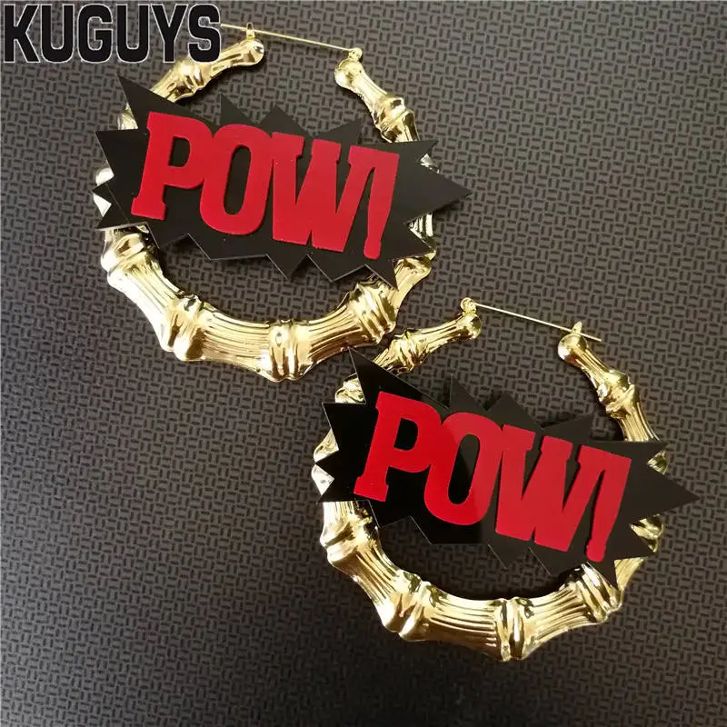 

KUGUYS Fashion Acrylic Jewelry Gold Bamboo Large Hoop Earrings for Women Brincos HipHop Rock Red Pow Earring Pendientes