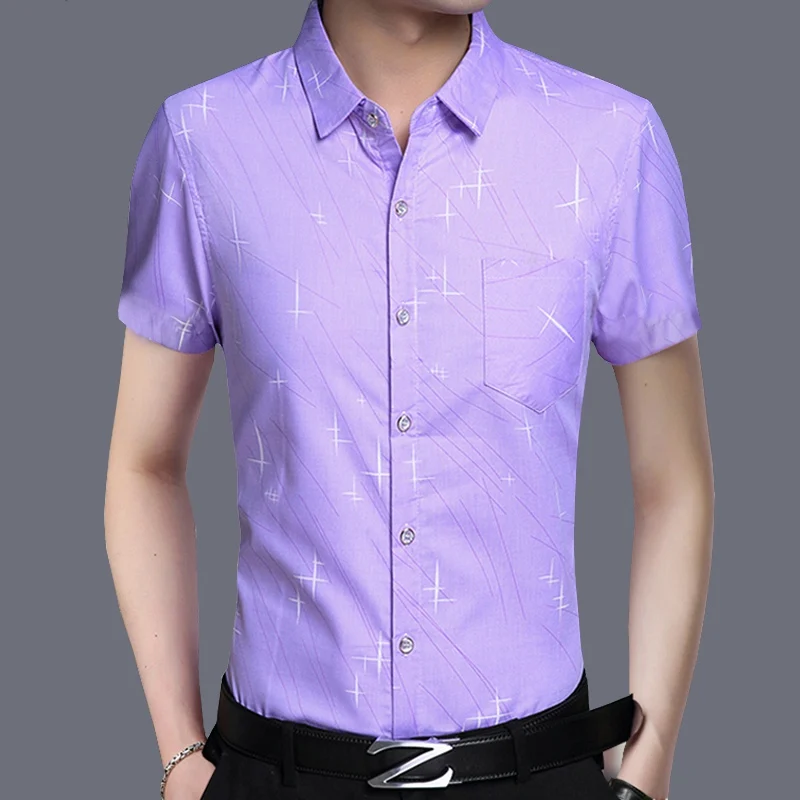 0816 Light Purple Новая мужская Весенняя летняя рубашка с коротким рукавом с принтом для молодых и средних лет, Мужская умная Повседневная рубашка синего и фиолетового цвета HOWDFEO - Цвет: 0816 Light Purple