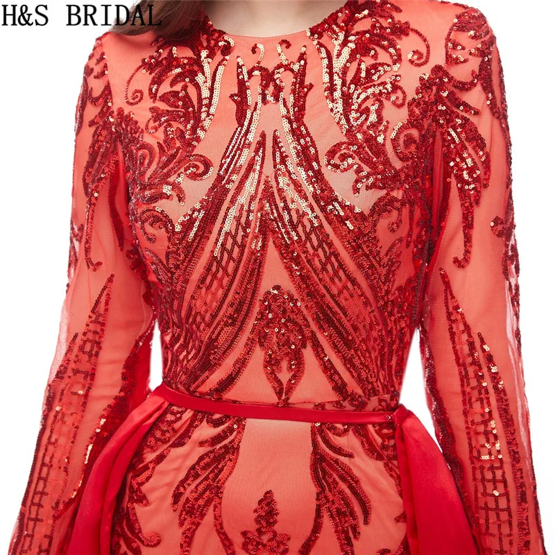 Красное платье Русалка для выпускного вечера с длинным рукавом со съемным