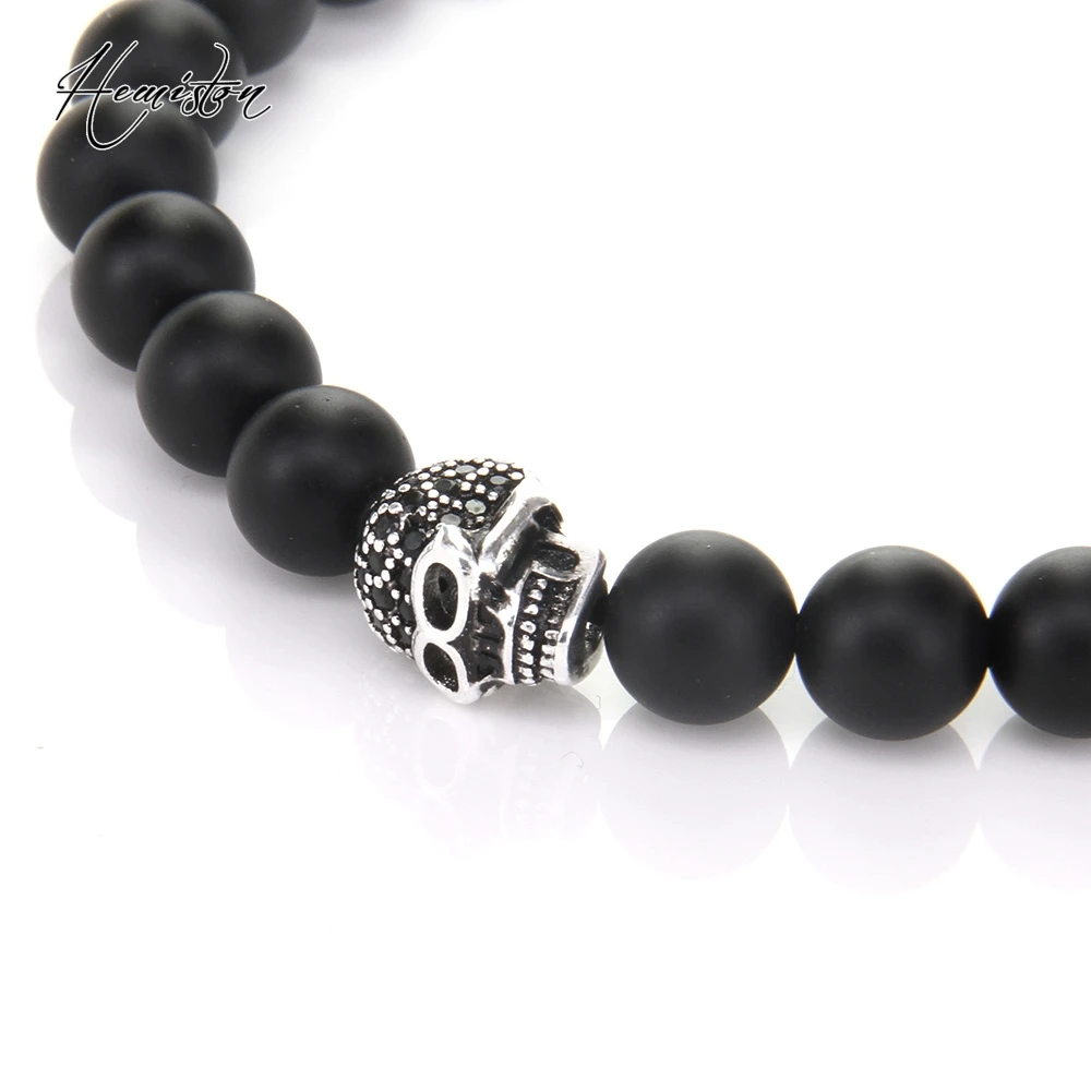 Браслет с черепом Томаса и бусинами из матового черного обсидиана европейские
