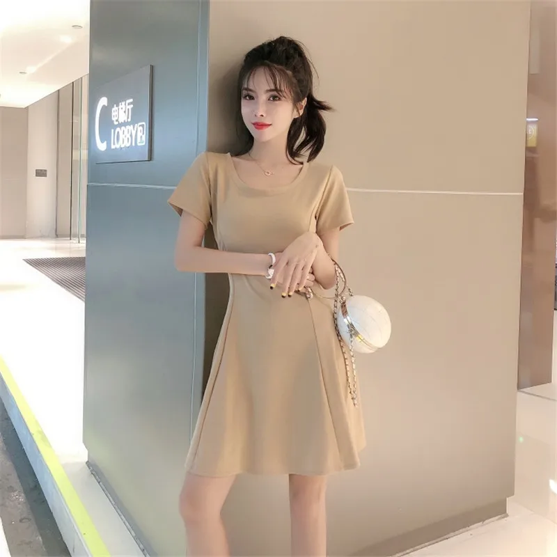 

Real shot 2019 summer new fashion round neck short sleeve temperament waist A word dress ladies sexy dress