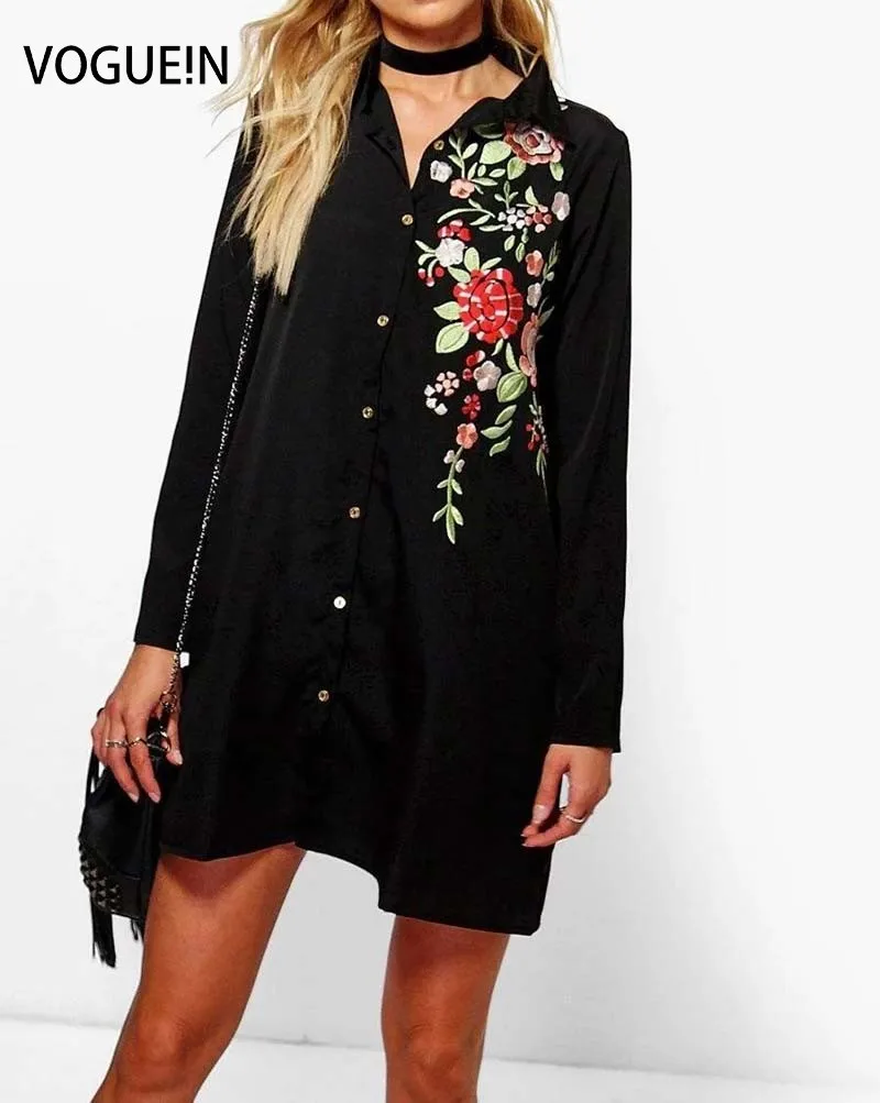 VOGUE! N Новая женская цветочная вышивка с длинным рукавом черная длинная рубашка