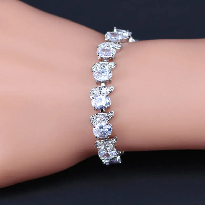 4 Piece 925 Stamp Silver Color Cubic Zirconia Jewelry Sets For Women Big White Crystal Bracelets Pendant Necklace Earrings Ring | Украшения
