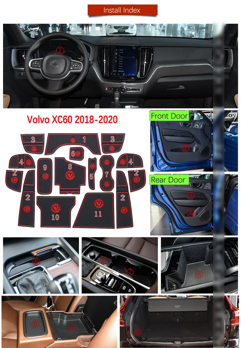 Противоскользящий резиновый коврик для ворот и чашки VOLVO XC60 2018 2019 2020 2nd Gen R Design