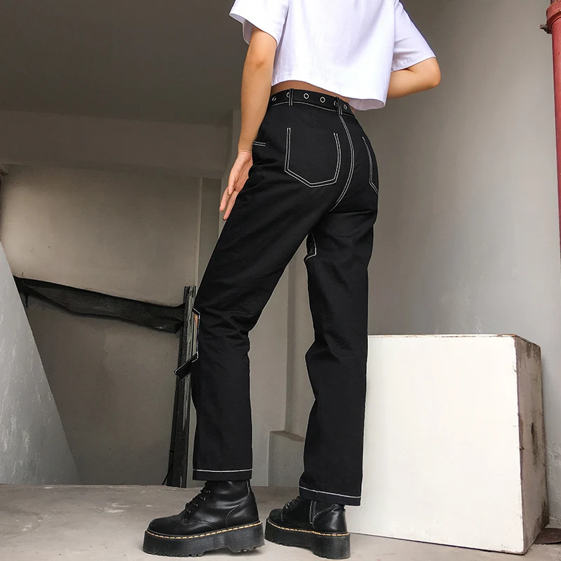 Sweetown Black Hollow Out Punk Style Straight Pants Women Streetwear Pockets Striped Summer Autumn High Waist Trousers Gothic