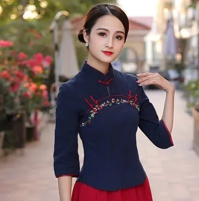 navy blue Shirts Sheng Coco темно-синие рубашки китайский стиль Вышивка Цветы Cheongsam топы традиционная китайская одежда длинный рукав Hanfu - Цвет: navy blue Shirts