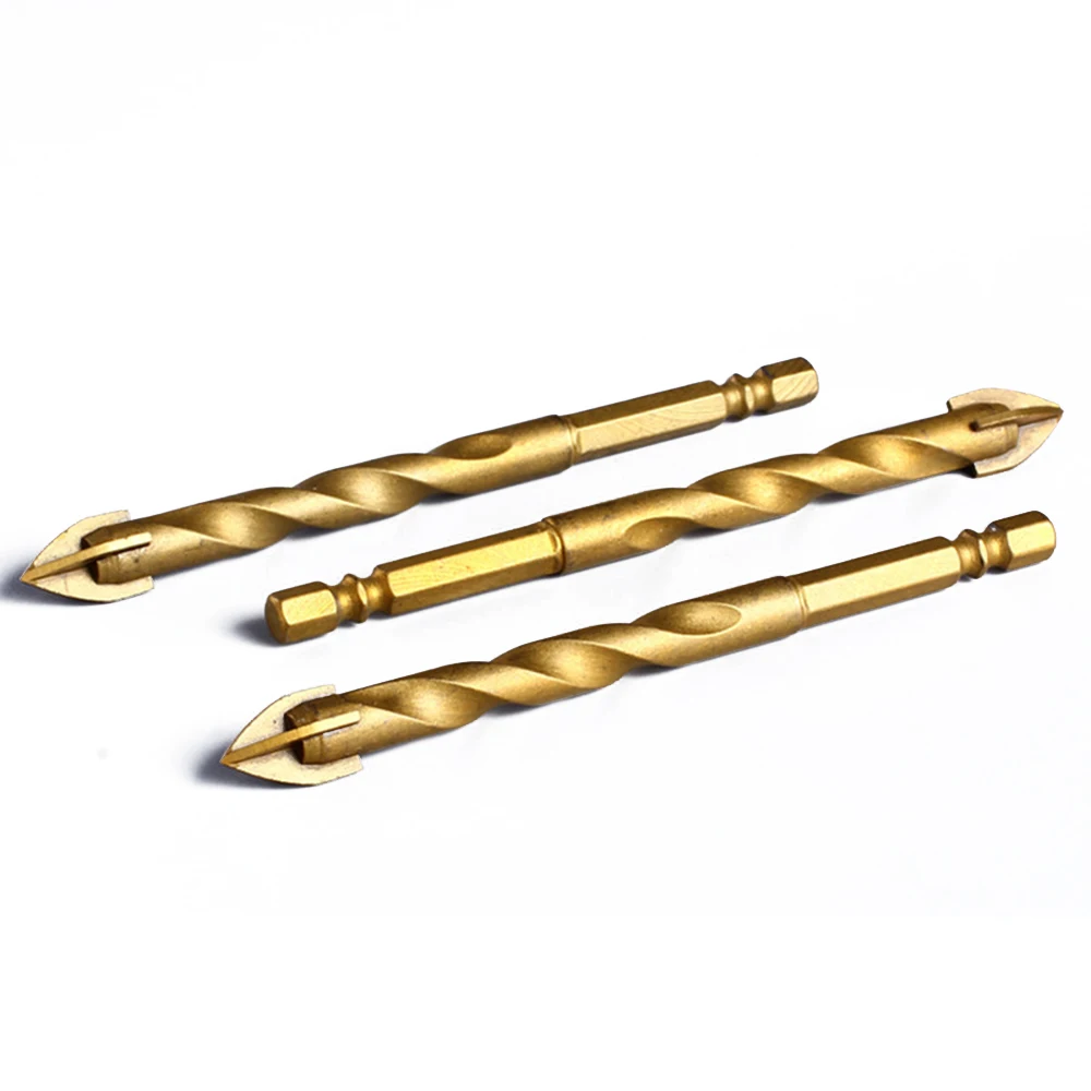 

1Pc Titanium Tungsten Coated Glass Drill Bit 6/8/10/12mm Hex Shank Tile Glass Mirror Cross Spear Head Drilling Bit