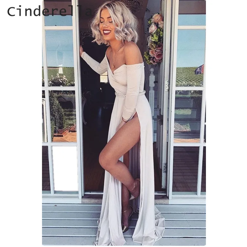

Cinderella V-Neck Long Sleeves Court Train Zipper Back Mermaid Spandex Pleated Prom Dresses Full Sleeves Evening Prom Gown