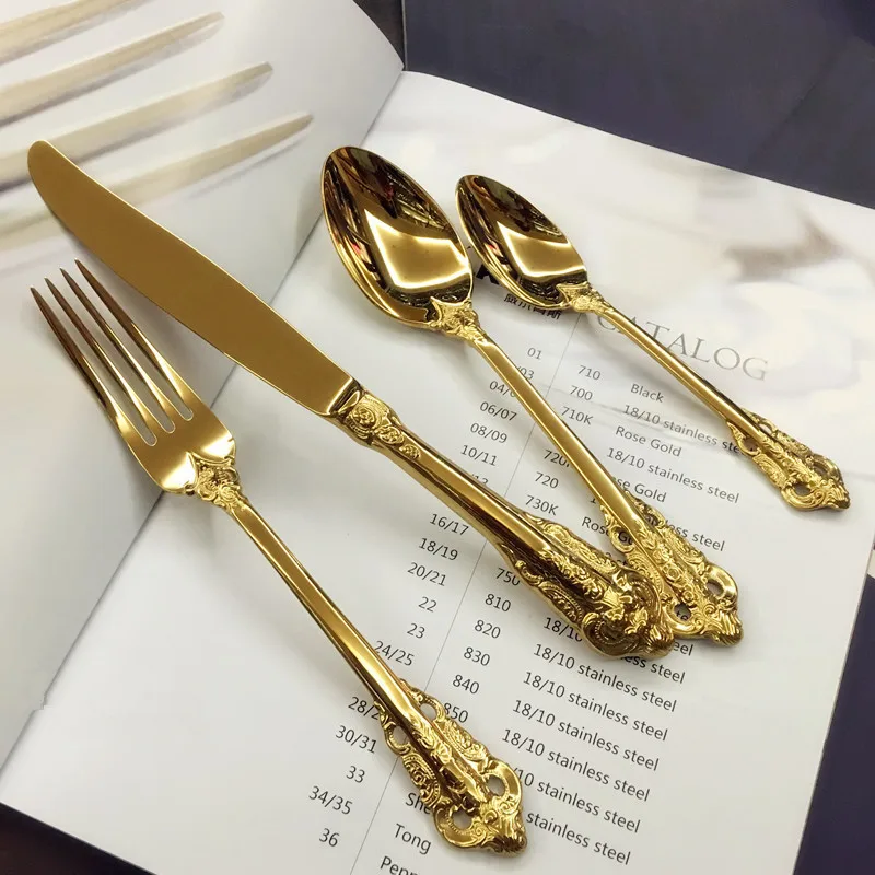 Фото Элегантный нож из нержавеющей стали European Gilt Palace Fork, набор столовой посуды с золотым совком, дизайн резных ручек, столовые приборы, 24 шт., 6 наборов №1