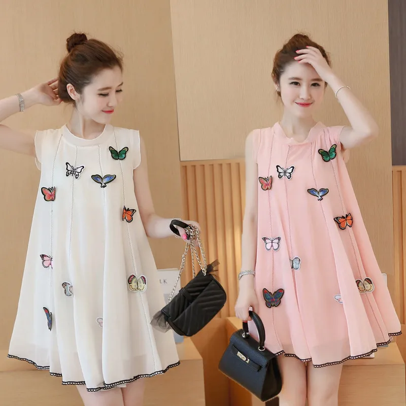 MLXSLKY Maternity Dress 2019 summer new fashion large size loose chiffon sleeveless sweet cartoon butterfly pregnant women dress | Мать и
