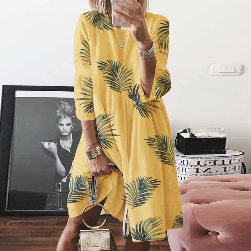 02 Yellow Fanbety размера плюс Для женщин бабочки платье с принтом элегантные летние Повседневное с круглым вырезом свободные вечерние платье леди Осень Длинные рукава платье - Цвет: 02 Yellow