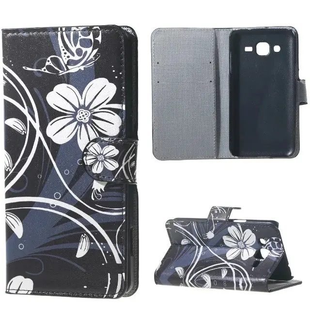 Белый Цветок Флип PU Кожаный Бумажник Крышка Случая Стойки Для Samsung Galaxy J3|wallet