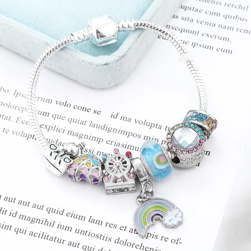 BAOPON аутентичный серебряный цвет браслет с единорогом Радуга любви бусы