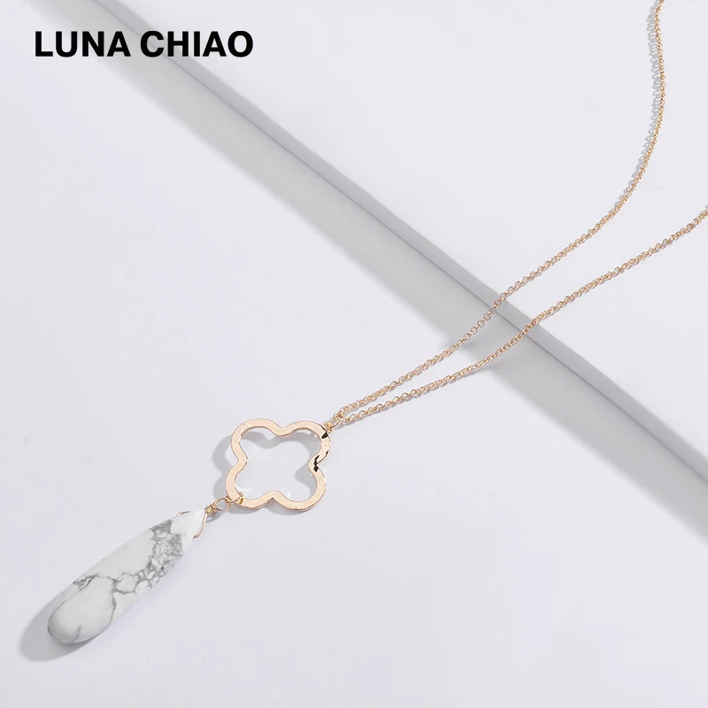LUNA CHIAO 2018 Fall New Arrival Water Drop Natural White Marble Labradorite Stone Long Pendant Necklace for Women | Украшения и