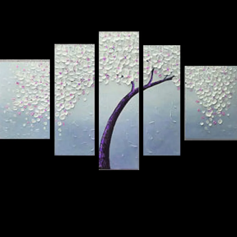 Hand Painted modern abstract Pink blue green flower tree oil Painting thick palette knife 5pieces home wall decoration pictures | Дом и сад