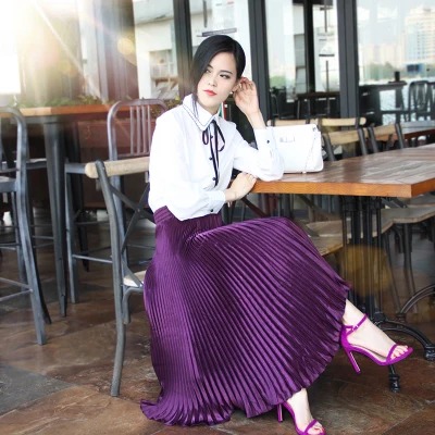 purple(long 83cm) Летняя модная винтажная Серебристая золотая металлическая однотонная Расклешенная юбка макси с высокой талией, пляжные длинные плиссированные юбки для женщин - Цвет: purple(long 83cm)