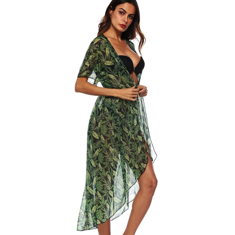 PGSD Summer Leaf printing Short sleeve Frenulum Irregular Sunscreen Chiffon cardigan Sexy beach Loose thin chiffon blouse female | Женская