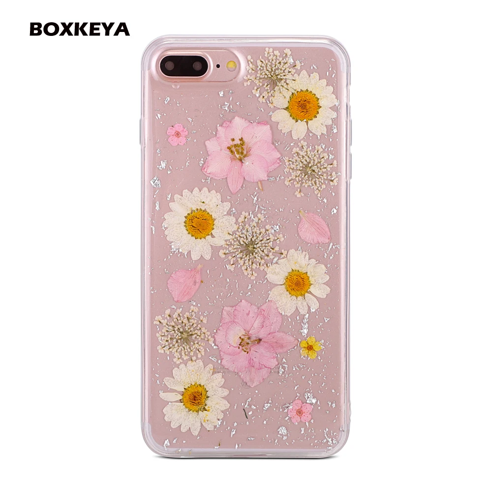 100% Handmade Natural Foil Bling Real Dried Flowers Cases For iphone X 6 6S 7 8 Plus Case Clear Soft TPU Phone Back Cover Coque |