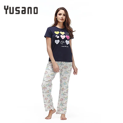 blue Yusano пижамы Наборы для ухода за кожей с милым принтом Сердце Kigurumi О-образным вырезом с коротким Топы корректирующие и длинные Брюки Pijama Повседневное Для женщин короткий рукав пижамы - Цвет: blue