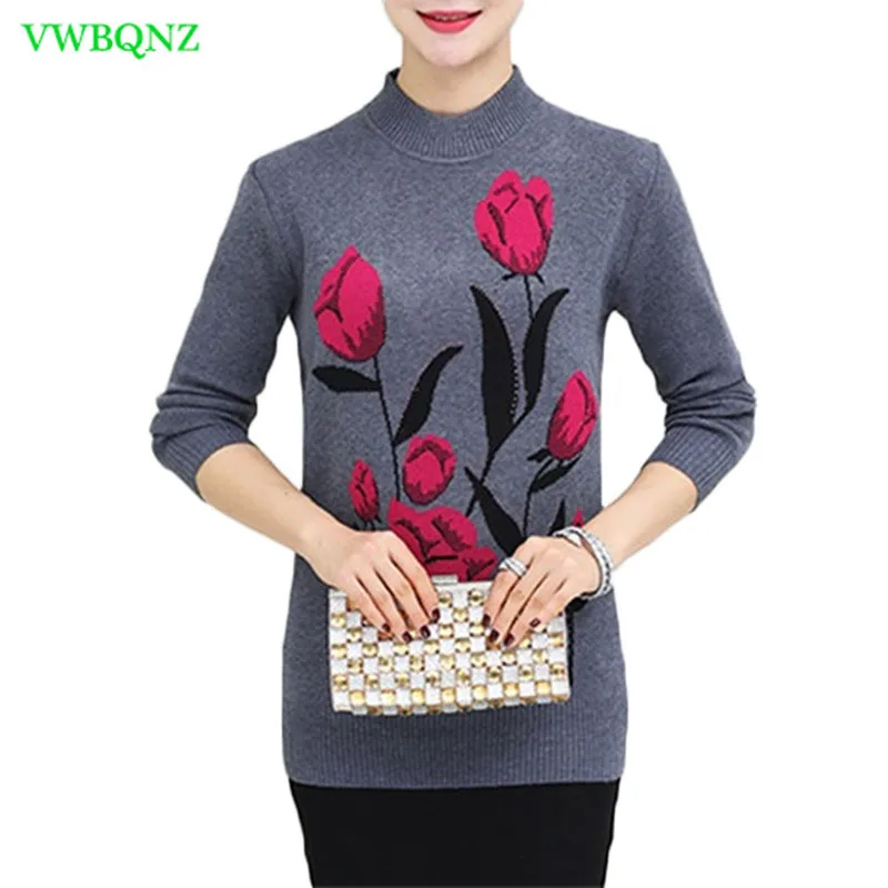 Autumn Winter Warm Pullovers Sweater Middle-Aged Women Flower Printed Wool Sweaters Female Noble Plus size Knitting shirt A681 | Женская
