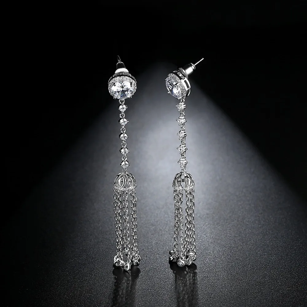 LUOTEEMI Long CZ Chain Tassel Drop Earrings For Women Blue Color Big Large Brinco Statement Bohemian Party Jewelry Colgantes|earrings for|earrings