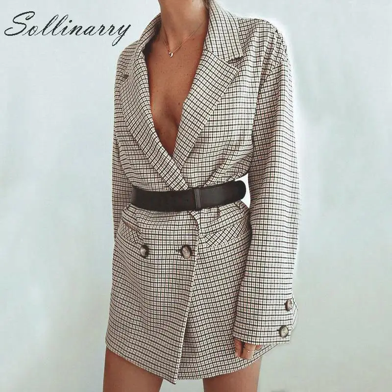 Sollinarry High Wait модный клетчатый блейзер с длинным рукавом, женский двубортный осенний Блейзер, Женская куртка с карманами и пуговицами, пальто в стиле ретро