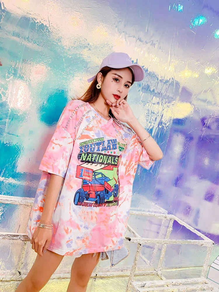Для женщин Летняя мода яркое круглым вырезом футболки Street Wear Бисер летние шорты