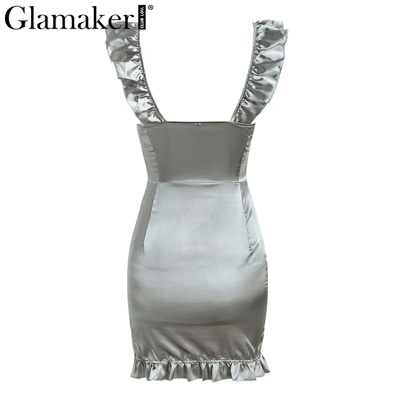 Женское атласное платье с оборками Glamaker винтажное облегающее короткое разрезом
