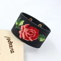 embroidery women jewelry fashion roses needlework pu leather bangle bracelets for women female accessories