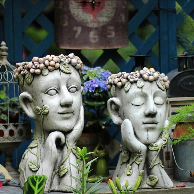 

Outdoor Cement Meditation Head Flower Pot Portrait Statue Ornament Flower Garden Figurines Crafts Courtyard Sculpture Decoration