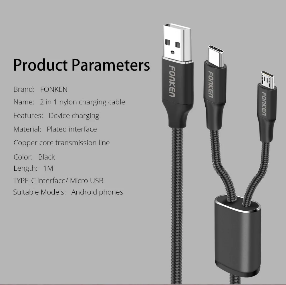 FONKEN 2 в 1 USB кабель Micro usb type C кабель для быстрой зарядки USB шнур зарядное устройство для телефона нейлоновый плетеный кабель для мобильного телефона Android