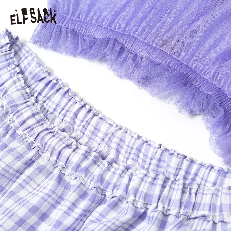 Женское сетчатое пляжное платье ELF SACK, летнее лавандовое платье в клетку с открытыми плечами, дамское составное платье для вечеринок, г