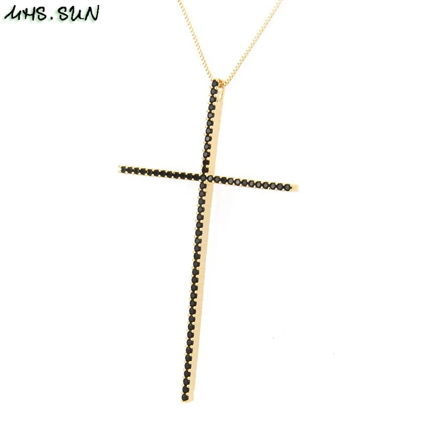 MHS.SUN CZ Zircon Big Cross Pendant Necklace For Men Women Gift Hip Hop Gold/Silver/Black Chain Necklace Religion Jewelry 1PC - Окраска металла: 2