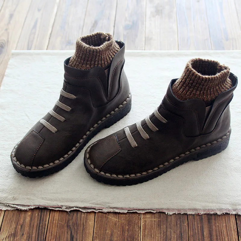 2018 autumn and winter new wool round head warm waterproof flat soft bottom art retro short boots ankle women's shoes | Обувь