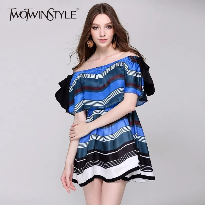 TWOTWINSTYLE платье с открытыми плечами для женщин принтом на шнуровке бантом туника
